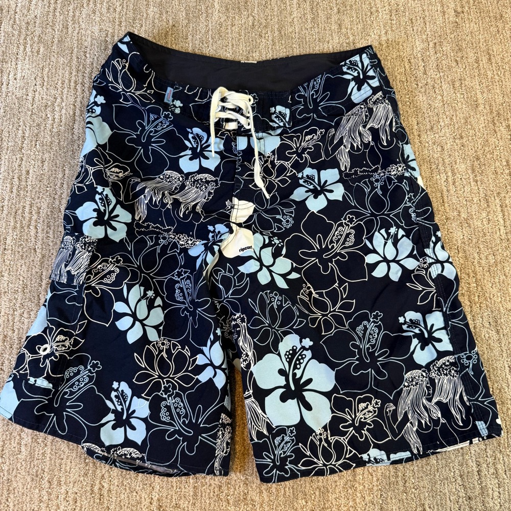 Rip Curl Mens Board Shorts Navy Blue Hula Girl Hibiscus Floral Size 31 Cargo